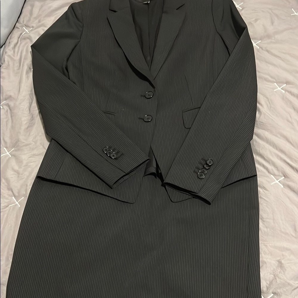 Women’s Classic Black Pinstripe Suit Blazer and Skirt